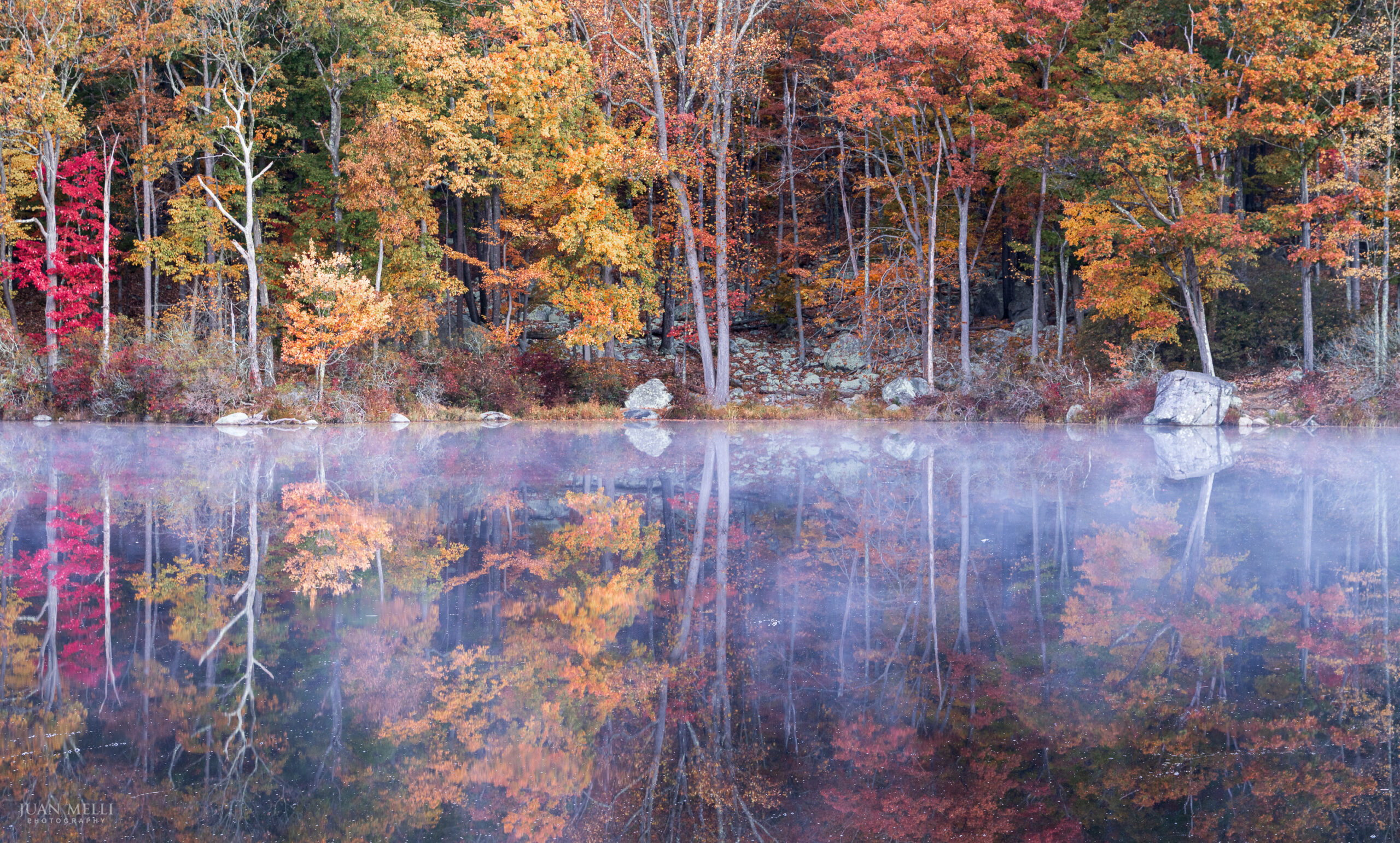 Mist drifting across Lake Skannatati at dawn, with red, orange and yellow trees mirrored in the water