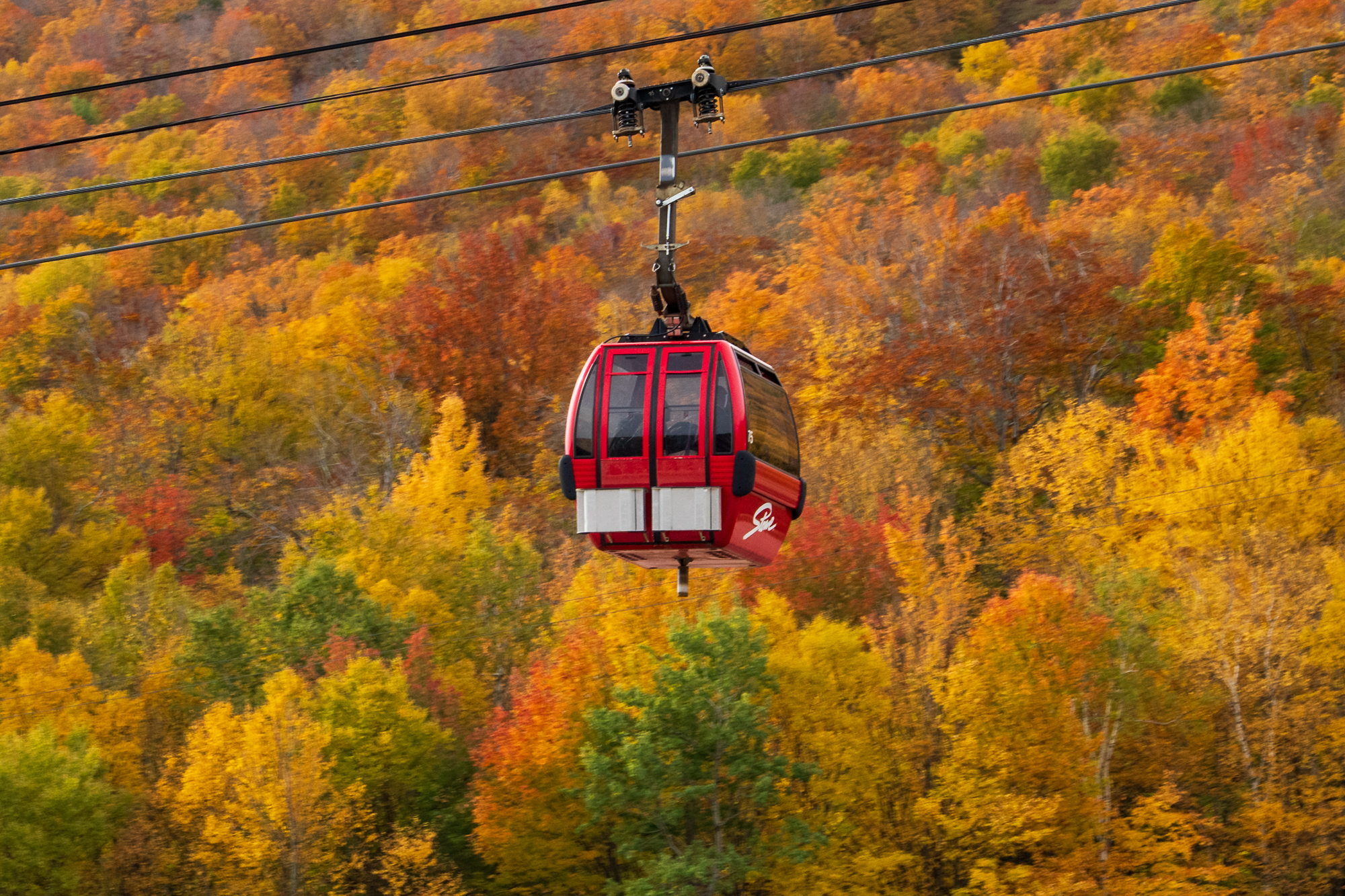 A red Stowe gondola surrounded by peak fall foliage on Mount Mansfield
