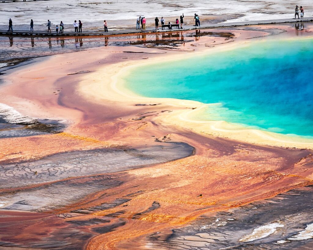 The rainbow-colored rings of Grand Prismatic Spring in Yellowstone