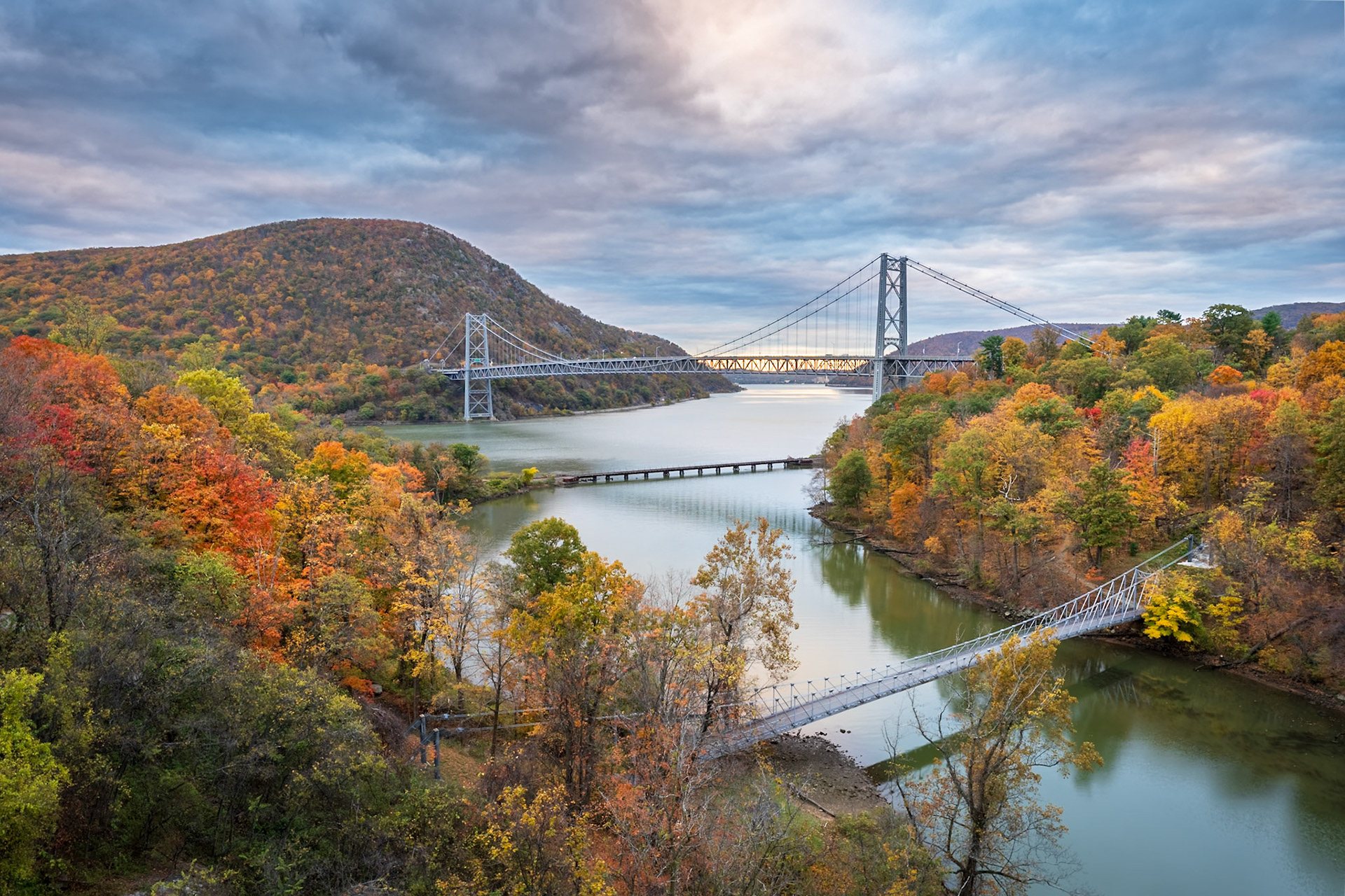 The Bear Mountain Bridge spanning the Hudson River in fall color