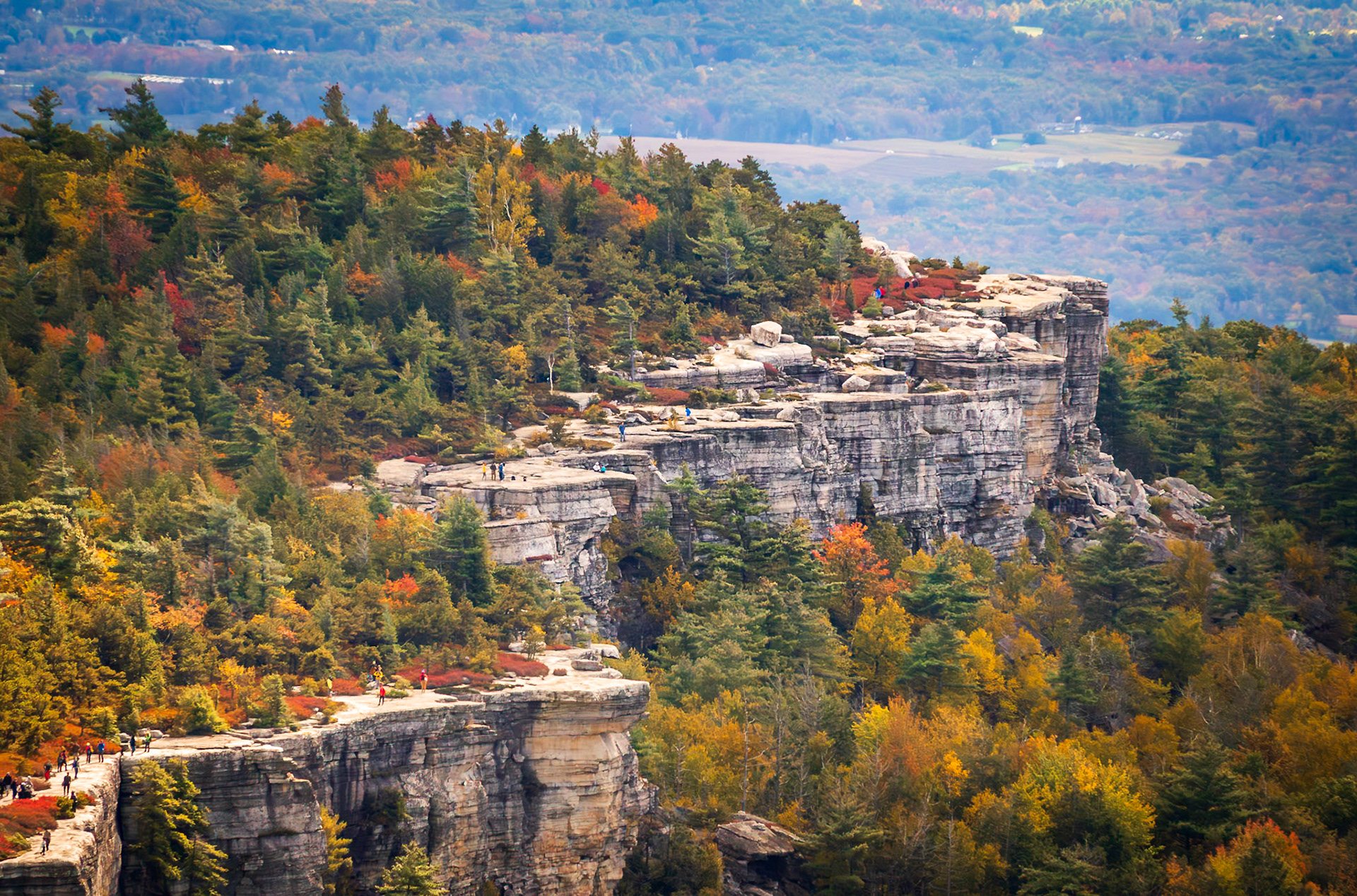 White cliffs of the Shawangunk Ridge above a forest in fall color